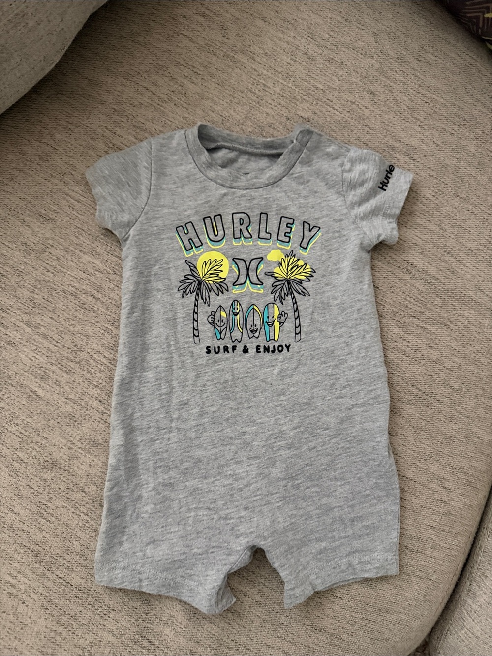 Hurley Gray Baby One-Piece with Yellow and Aqua Surf Graphic